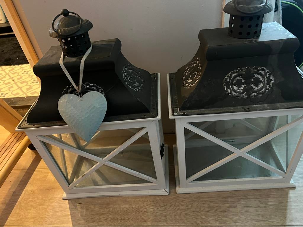 2x lantaarns grijs wit groot, Overige materialen, Ophalen of Verzenden, Zo goed als nieuw, Grijs