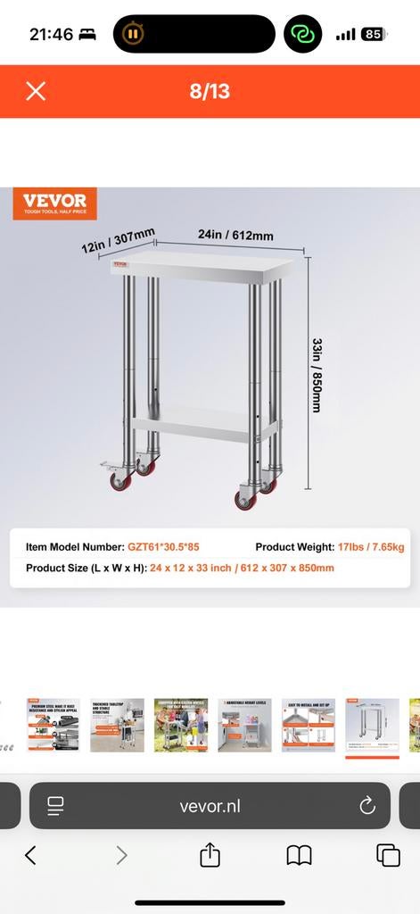 In doos rvs catering werktafel 61 x 30 x 85 cm RVS, Ophalen, Nieuw, Minder dan 100 cm
