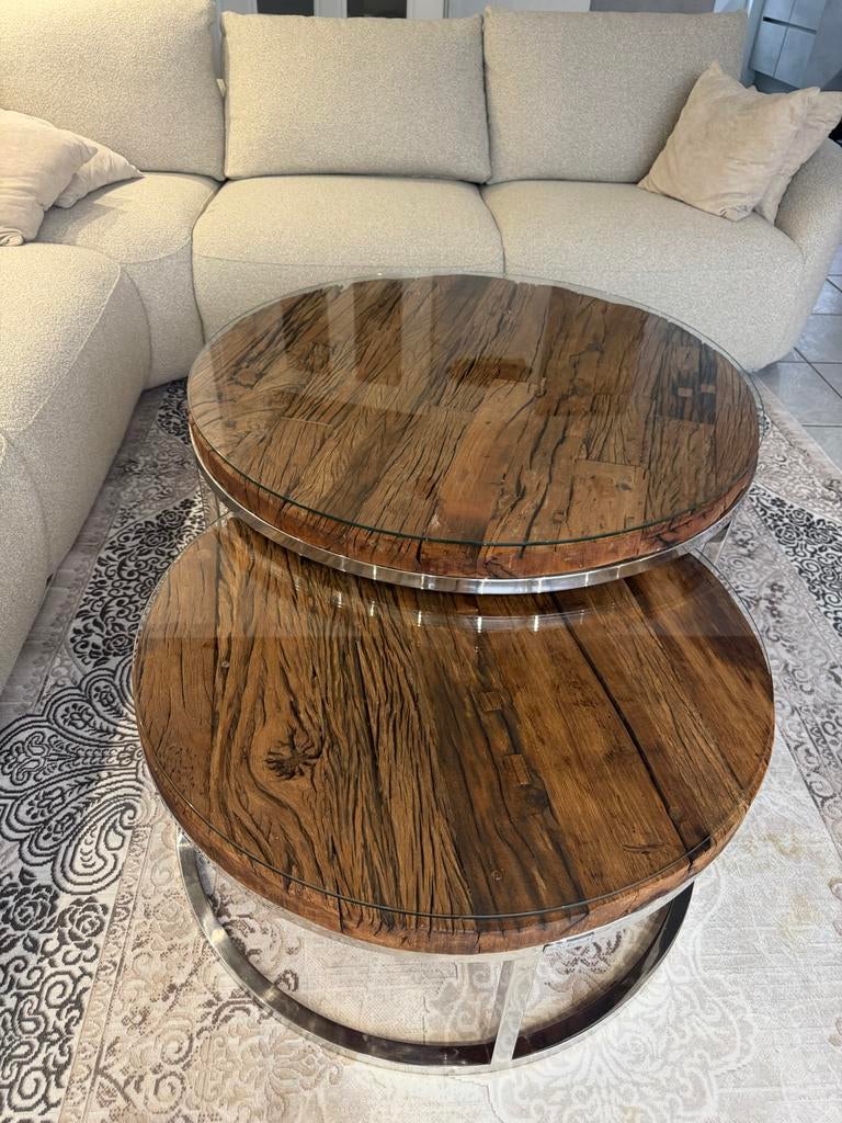 Richmond ronde salontafel set (2 stuks) van echt hout, Huis en Inrichting, Tafels | Salontafels, Rond, Zo goed als nieuw, Minder dan 50 cm