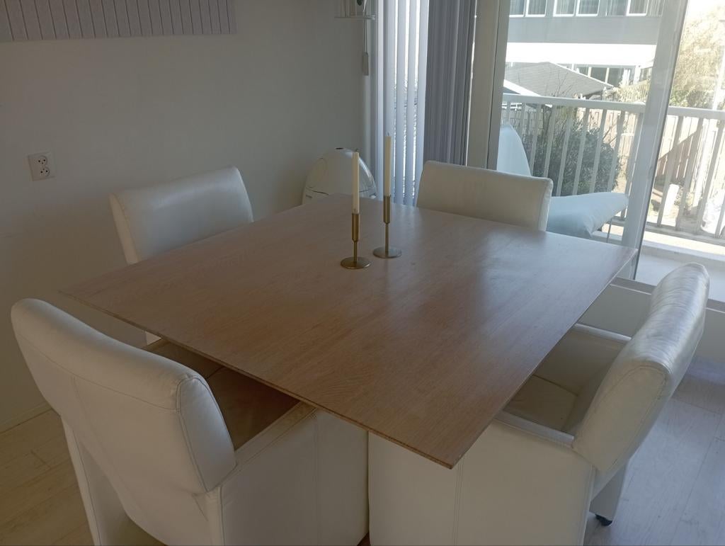 Zware eiken design eettafel + 4 leren stoelen, 100 tot 150 cm, Eikenhout, Ophalen of Verzenden, Zo goed als nieuw