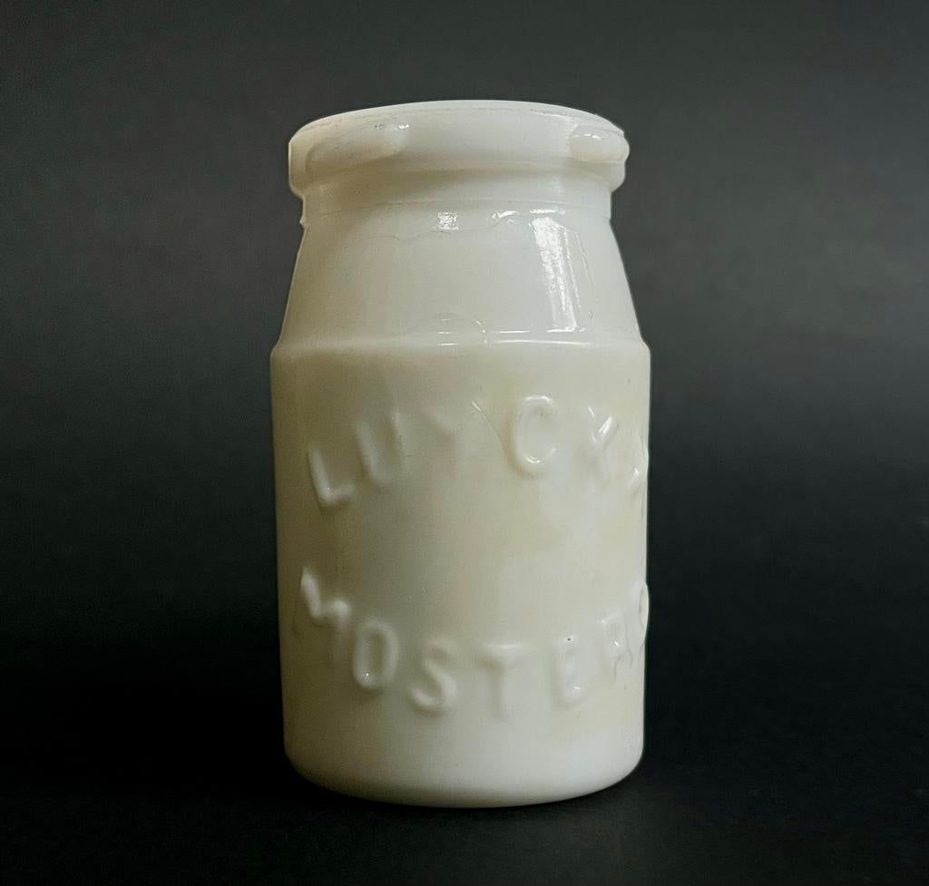 Mosterdpot geperst glas LUYCKX Mosterd Amsterdam, Ophalen of Verzenden, Zo goed als nieuw, Verpakking