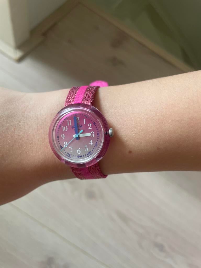 Roze Flikflak horloge met glitterbandje - ZGAN, Ophalen of Verzenden, Zo goed als nieuw, Roze, Meisje