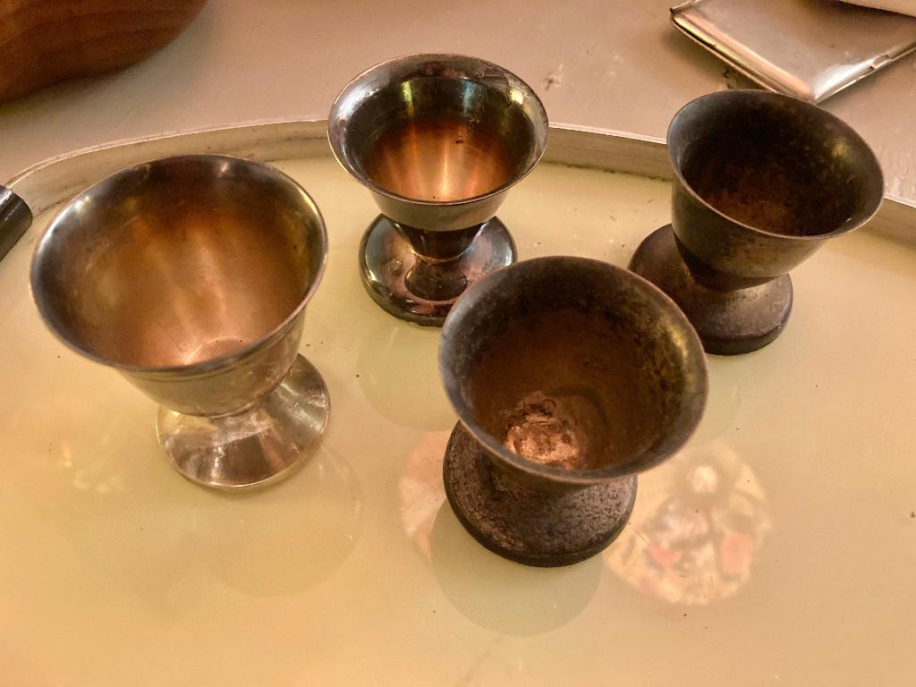 4x Vintage brocante antieke verzilverde eierdopjes gemerkt, Ophalen of Verzenden