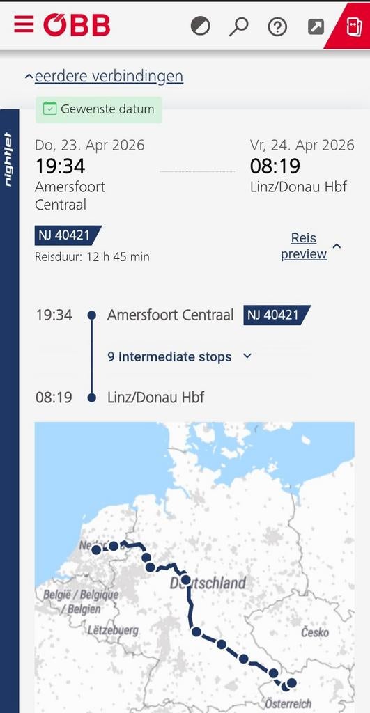 Nightjet Amersfoort-Linz 23 april Ticket, Eén persoon, Trein, Algemeen kaartje
