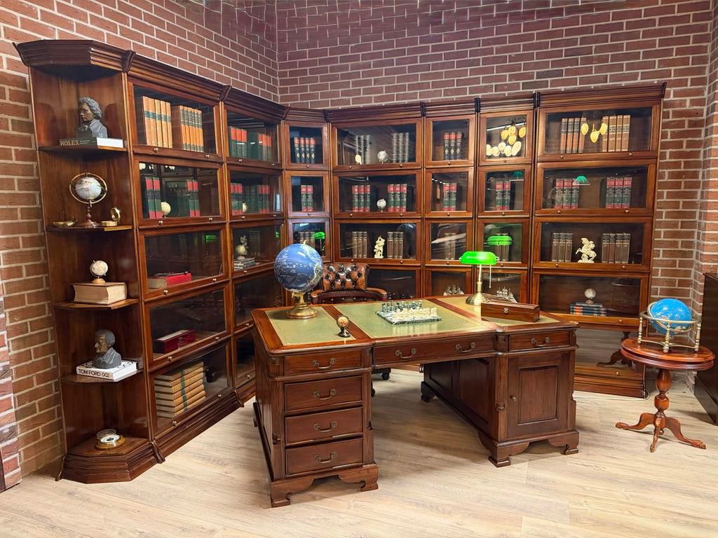 Engels Bureau Partner Desk Mahonie Groen Leer Goudbies 180x1, Ophalen