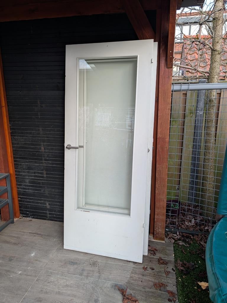 Twee houten binnendeuren met glas jaren '50, Doe-het-zelf en Verbouw, Deuren en Horren, Ophalen, Gebruikt, Binnendeur, 200 tot 215 cm