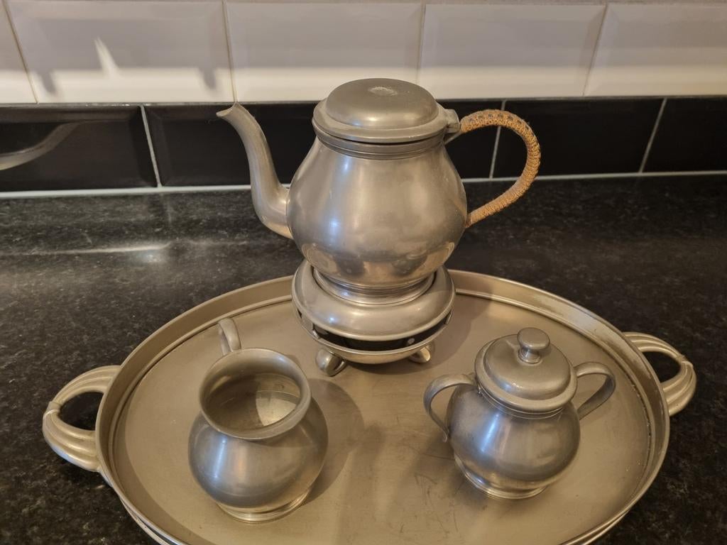 Tinnen theepot met melk- en suikerpotje, Antiek en Kunst, Antiek | Tin, Ophalen