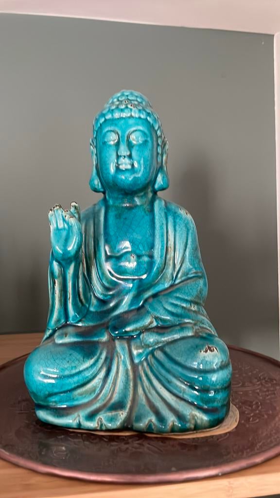 Boeddhabeeld turquoise met craquelé, Huis en Inrichting, Ophalen of Verzenden, Gebruikt