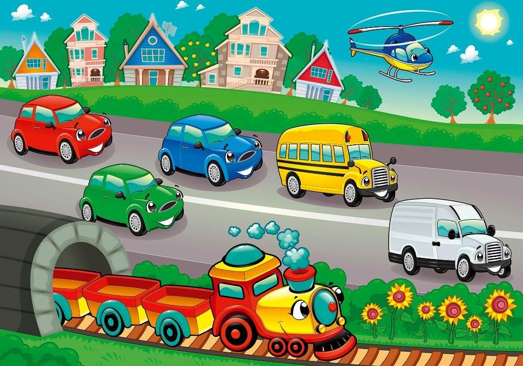 Autobehang Op de snelweg, trein, helikopter, kinderkamer., Huis en Inrichting, Stoffering | Behang, minder dan 10 m², Verzenden