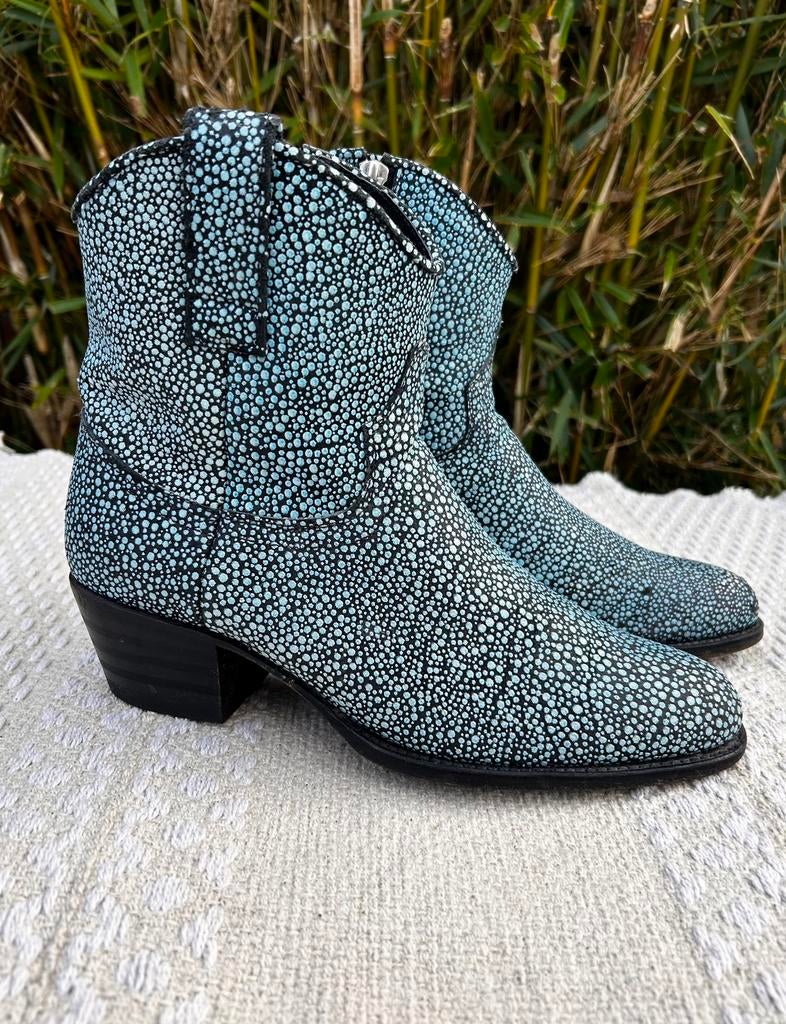 Sendra western cowboylaarzen enkellaarsjes blauwe stippen 36, Blauw, Lage of Enkellaarzen, Ophalen of Verzenden, Gedragen