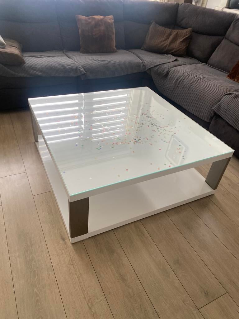 Salontafel hoogglans wit met glasplaat 110x110cm, Vierkant, Zo goed als nieuw, Minder dan 50 cm, 50 tot 100 cm