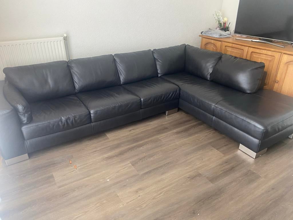 Zwarte leren hoekbank, Huis en Inrichting, Banken | Bankstellen, Hoekbank, 300 cm of meer, Leer, Ophalen of Verzenden