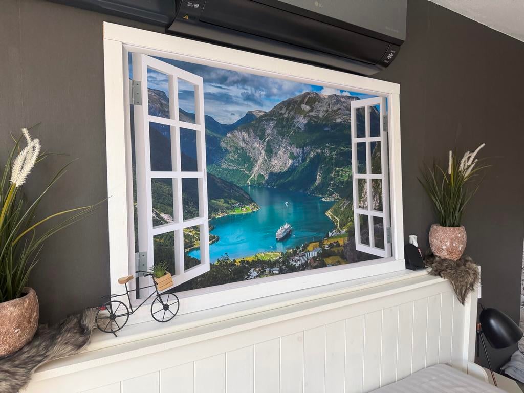 Poster met fjord en ramen, Ophalen, Gebruikt, Deurposter of groter, Rechthoekig Liggend