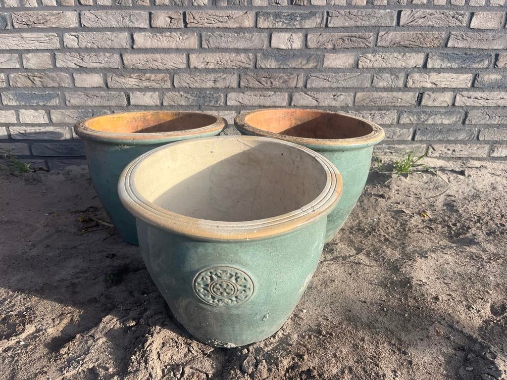 Set van 3 Groene Bloempotten, Tuin en Terras, Ophalen, Overige materialen, Gebruikt, Minder dan 60 cm