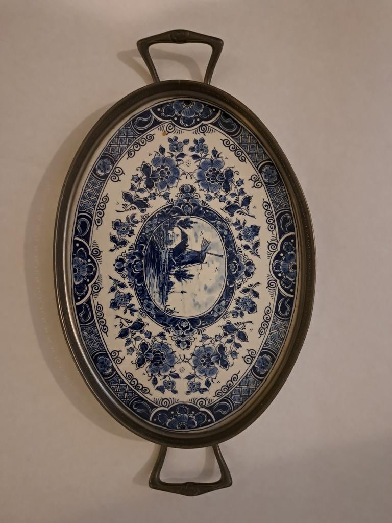 Vintage Delfts Blauw dienblad met molen en bloemmotief, Ophalen of Verzenden