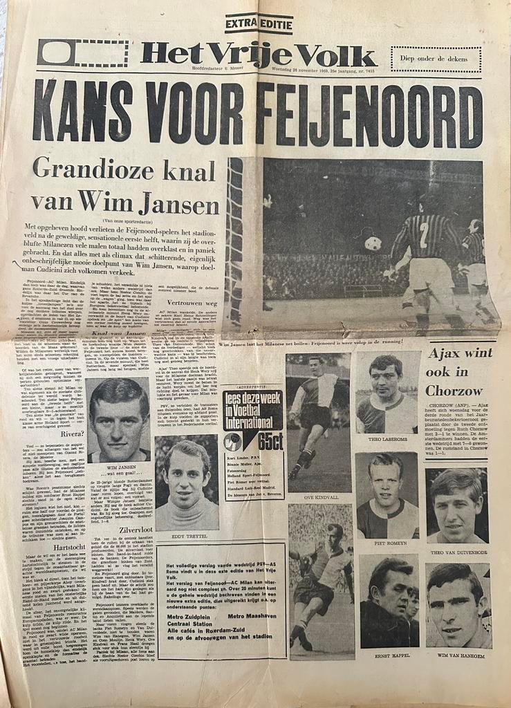 Artikel Feyenoord - AC Milan uit 1969!, Ophalen of Verzenden, 1960 tot 1980, Knipsel(s)