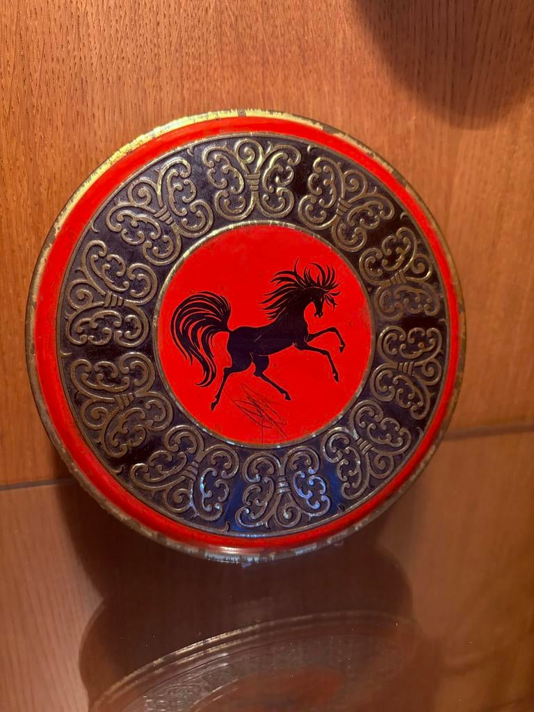 Vintage Blik Beschilderde Koektrommel met Paard, Ophalen of Verzenden, Gebruikt