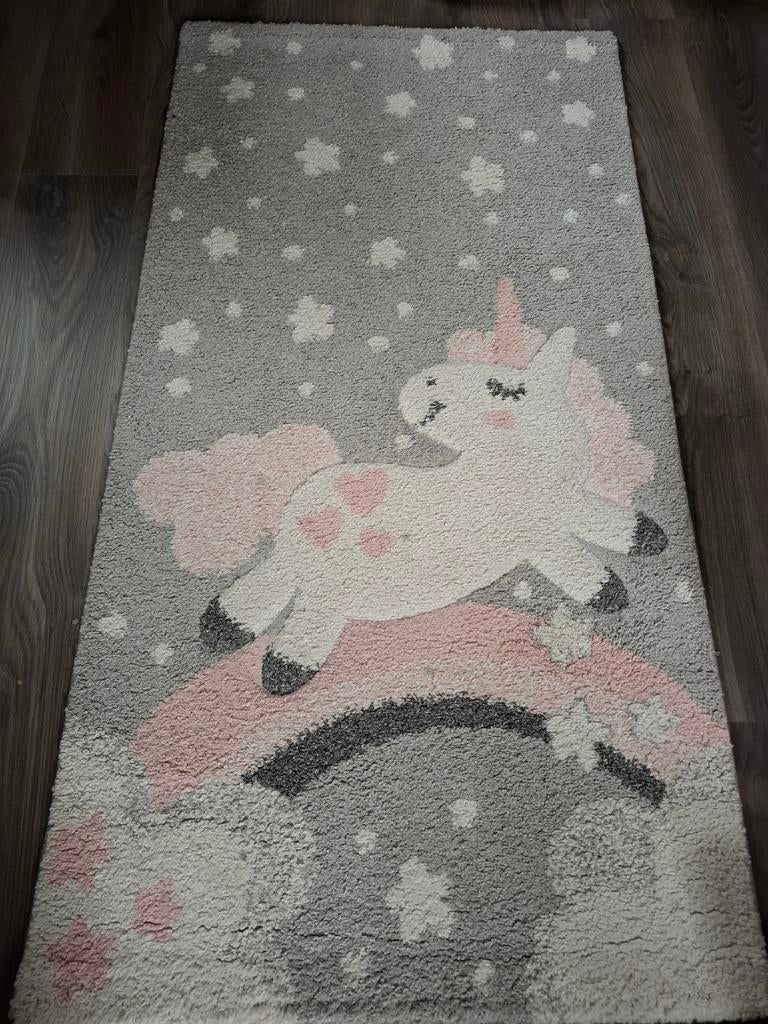 Vloerkleed grijs/roze met eenhoorn laagpolig tapijt, Ophalen, 100 tot 150 cm, 50 tot 100 cm, Zo goed als nieuw