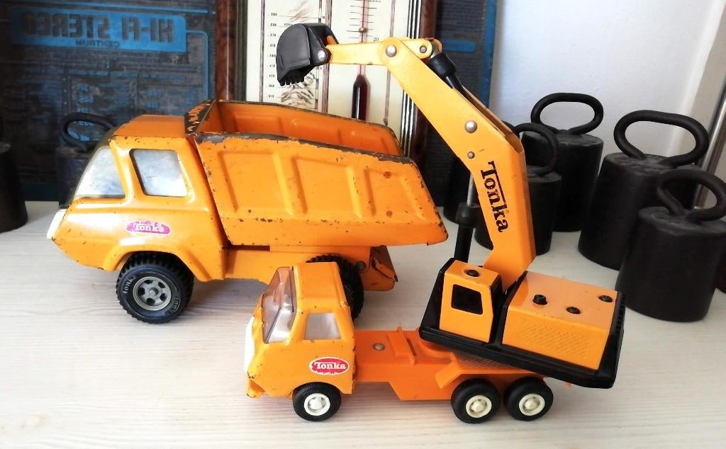 Vintage Tonka verlengde graafmachine Japan grote kiepwagen, Verzamelen, Speelgoed, Ophalen of Verzenden, Zo goed als nieuw