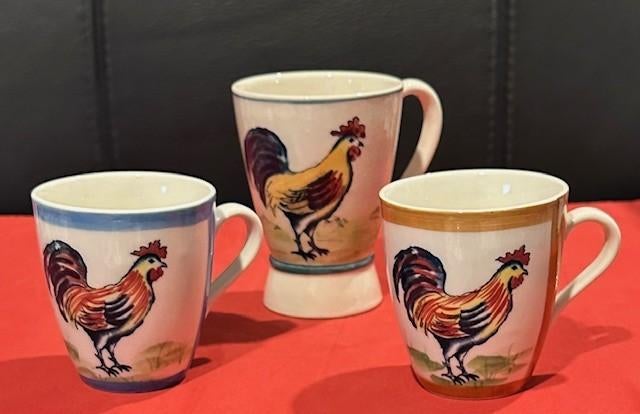 3x mok/beker Vic's - haan motief - mok op voet / senseo mok, Huis en Inrichting, Keuken | Servies, Ophalen, Gebruikt, Overige typen