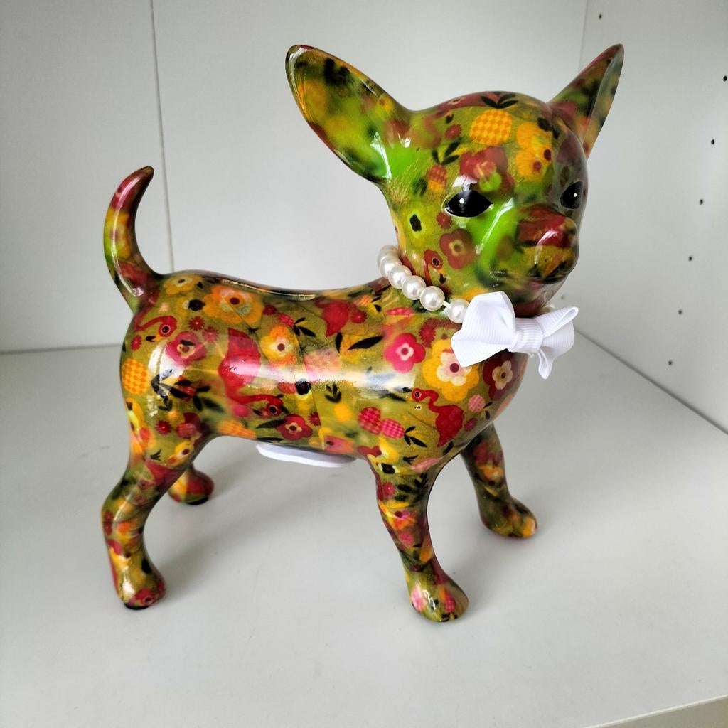 Kleurrijk Pomme-Pidou Chihuahua Beeld, Ophalen of Verzenden, Zo goed als nieuw, Steen, Aardewerk of Keramiek, Dier