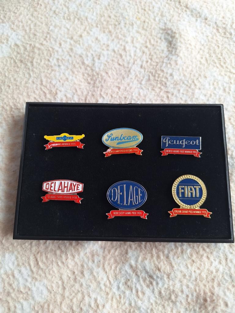 Automobilia : 6 Emaille Automerk pins, in fraai hoesje, Verzenden, Zo goed als nieuw, Transport, Speldje of Pin