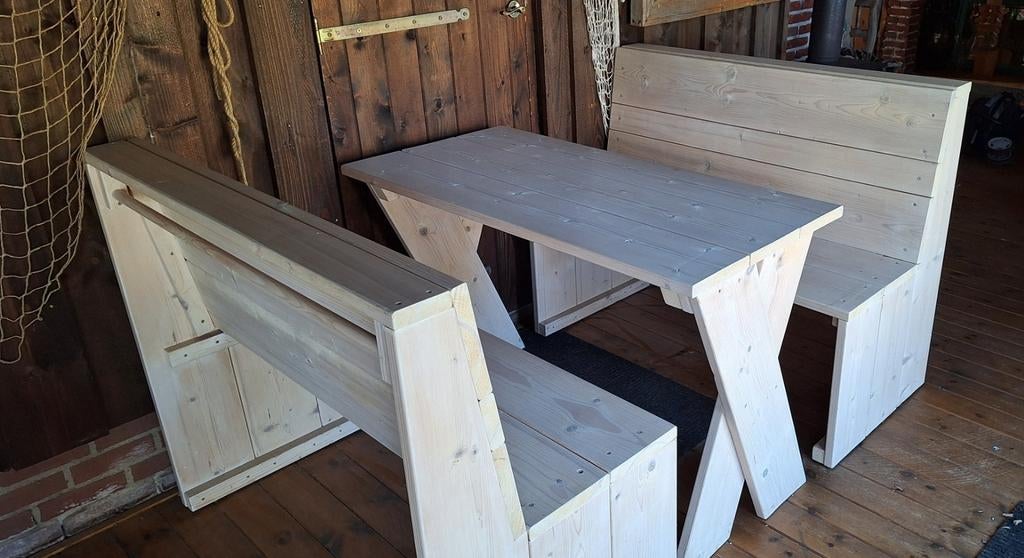 Massief houten zitje met tafel., Tuin en Terras, Ophalen, Hout