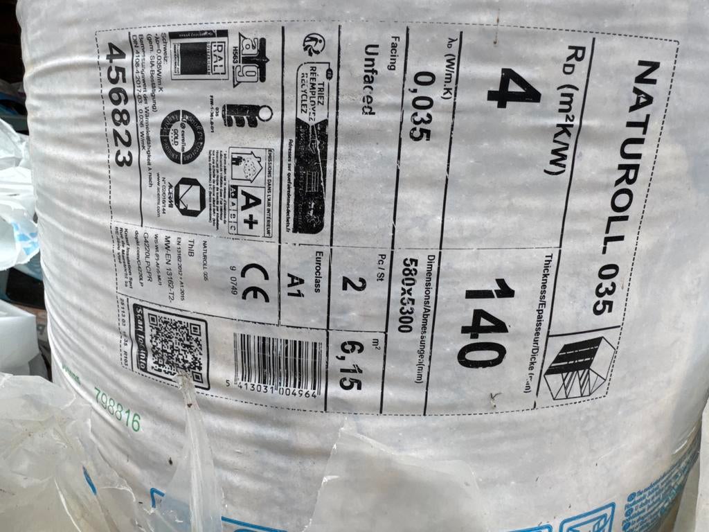 Knauf Naturoll 035 Glaswol Isolatie - 2 rollen, Doe-het-zelf en Verbouw, Isolatie en Afdichting, 10 tot 15 m², 12 cm of meer, Nieuw