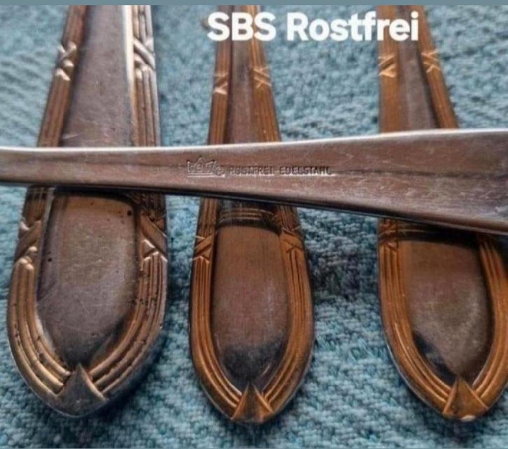 SBS Rostfrei Edelstahl Germany bestek relief kruisband goude, Ophalen of Verzenden, Zo goed als nieuw, Rvs of Chroom