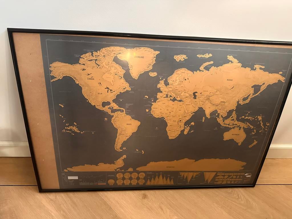 Kras map wereldkaart incl lijst, Huis en Inrichting, Ophalen, Zo goed als nieuw, Minder dan 50 cm, Schilderij