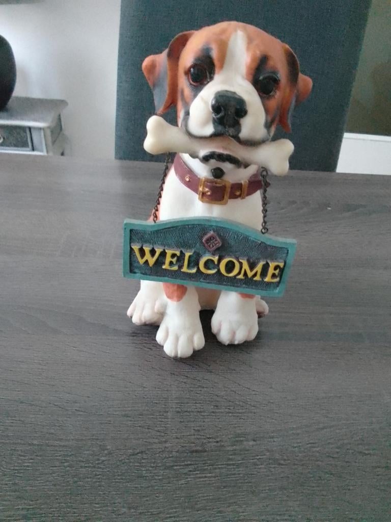 Leuk hondenbeeldje met 'Welcome' bordje, Verzamelen, Beelden en Beeldjes, Ophalen, Zo goed als nieuw, Dier