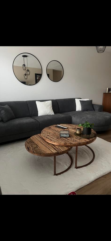 Salontafels van bielzen met koperen onderstel, Huis en Inrichting, Tafels | Salontafels, Ophalen, Gebruikt, Rond, 50 tot 100 cm