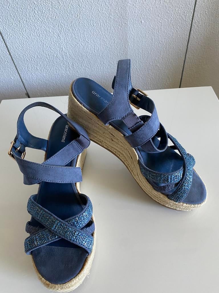 Graceland sandalen met sleehak, maat 40., Blauw, Zo goed als nieuw, Sandalen of Muiltjes, Ophalen of Verzenden