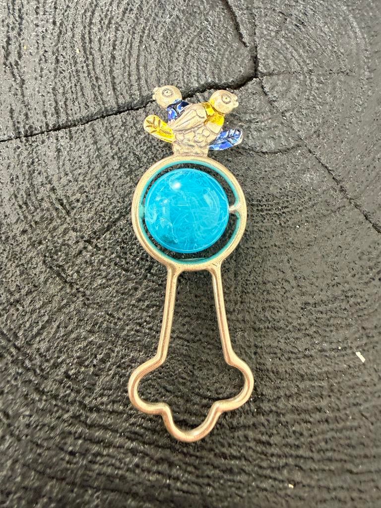 Zilveren rammelaar met blauwe bal en vogeltjes, Verzenden, Zilver