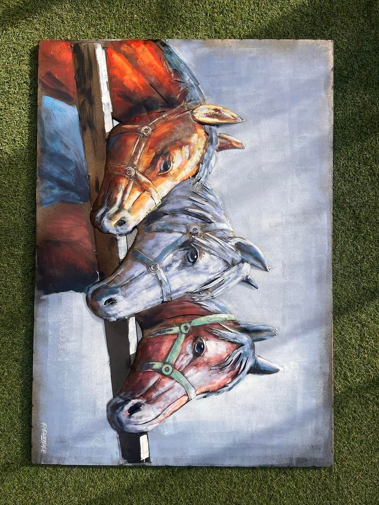 Metalen wanddecoratie 3 paarden 100x70cm, Ophalen, Gebruikt