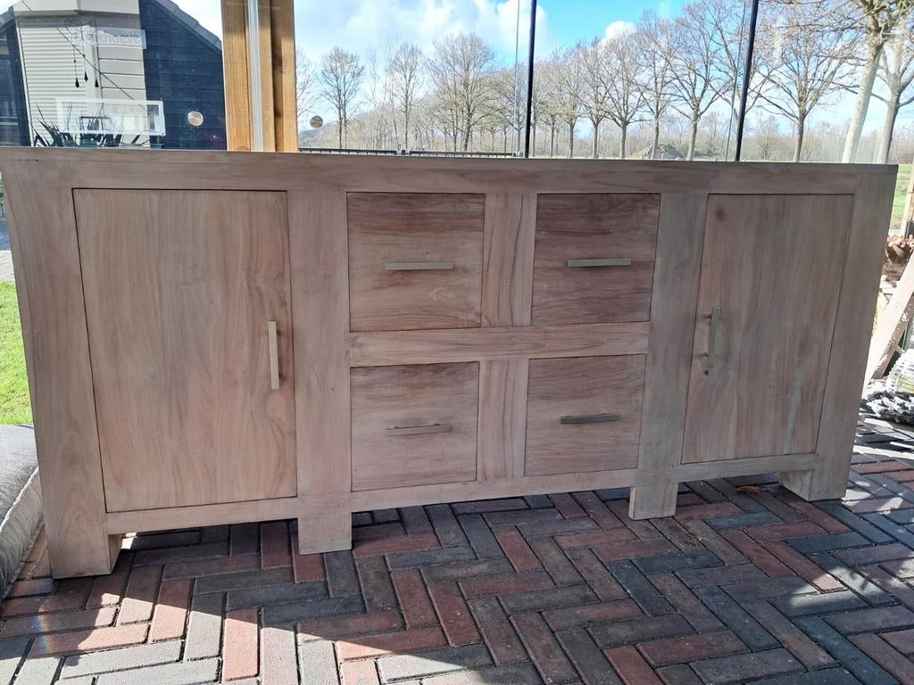 Massief Eiken Dressoir met Greywash - 200x45x90cm, Ophalen, Gebruikt, Met deur(en), Eikenhout