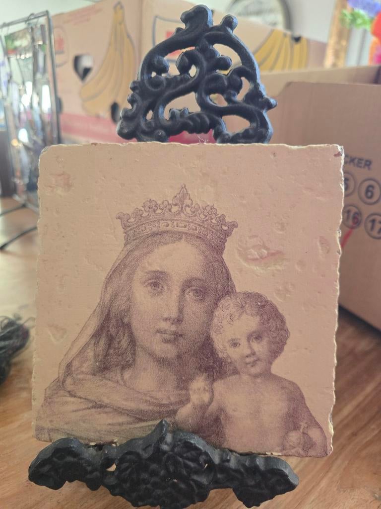 Religieuze tegel met gietijzer standaard, Ophalen of Verzenden