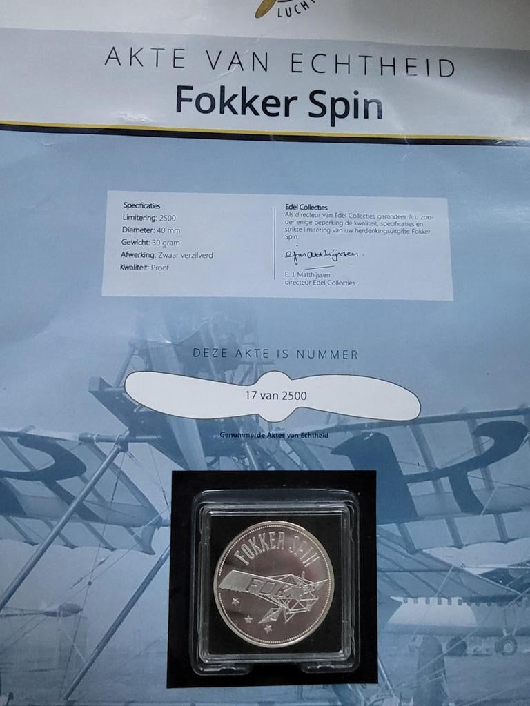 Fokker Spin zwaar verzilverde herdenkingsmunt proof, Ophalen of Verzenden