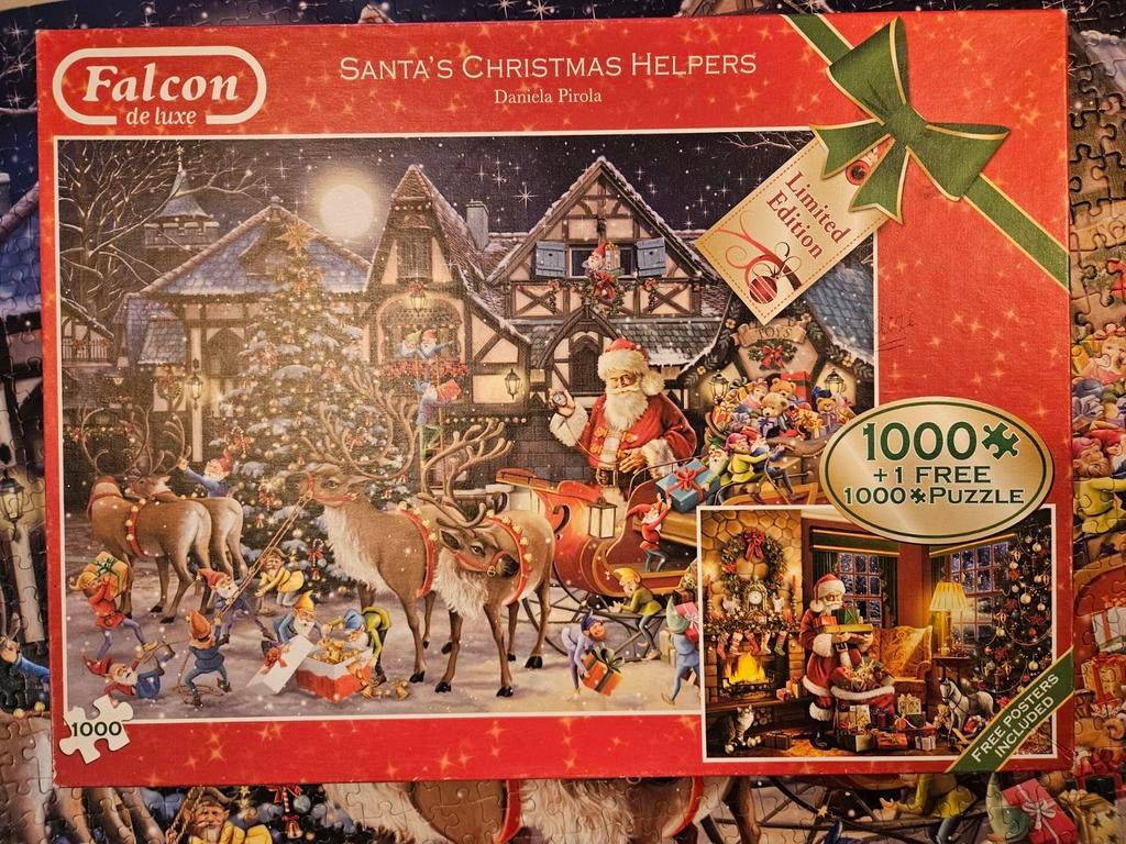 Falcon puzzel 2x 1000 Santa's Christmas Helpers, Ophalen of Verzenden, 500 t/m 1500 stukjes, Gebruikt, Legpuzzel