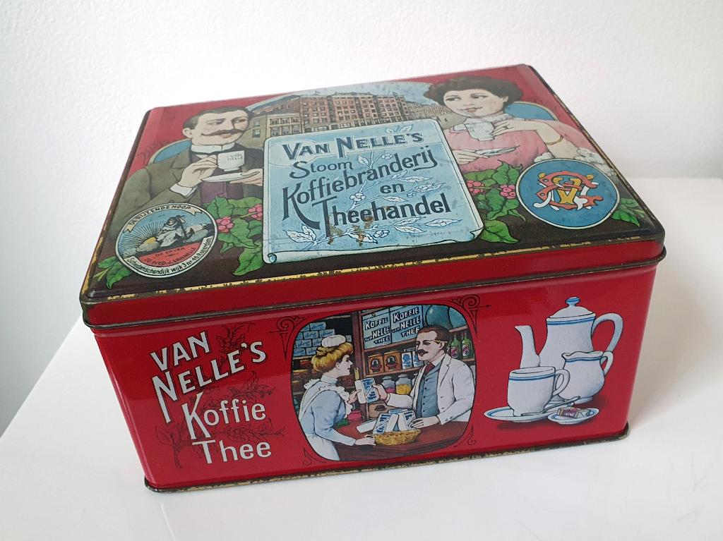 antiek blik van Van Nelle's Koffiebranderij en Theehandel, Verzamelen, Ophalen of Verzenden, Gebruikt, Thee, Van Nelle