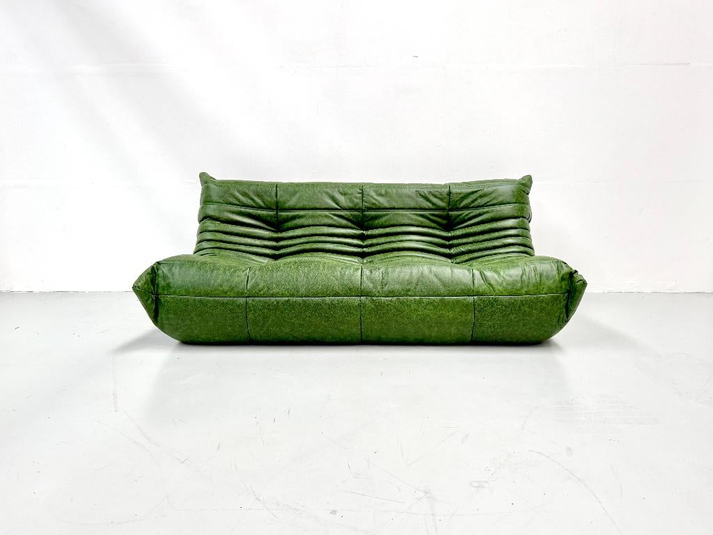 Togo 3-seater sofa in green leather - Ducaroy / Ligne Roset.