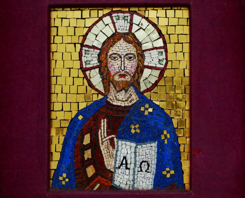 Mozaïek icoon van Jezus zegent mozaïeksteentjes bladgoud, Ophalen of Verzenden