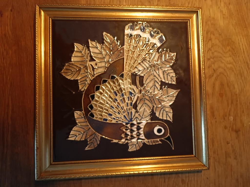 Ingelijst Majolica wandbord met vogel, Antiek en Kunst, Ophalen of Verzenden