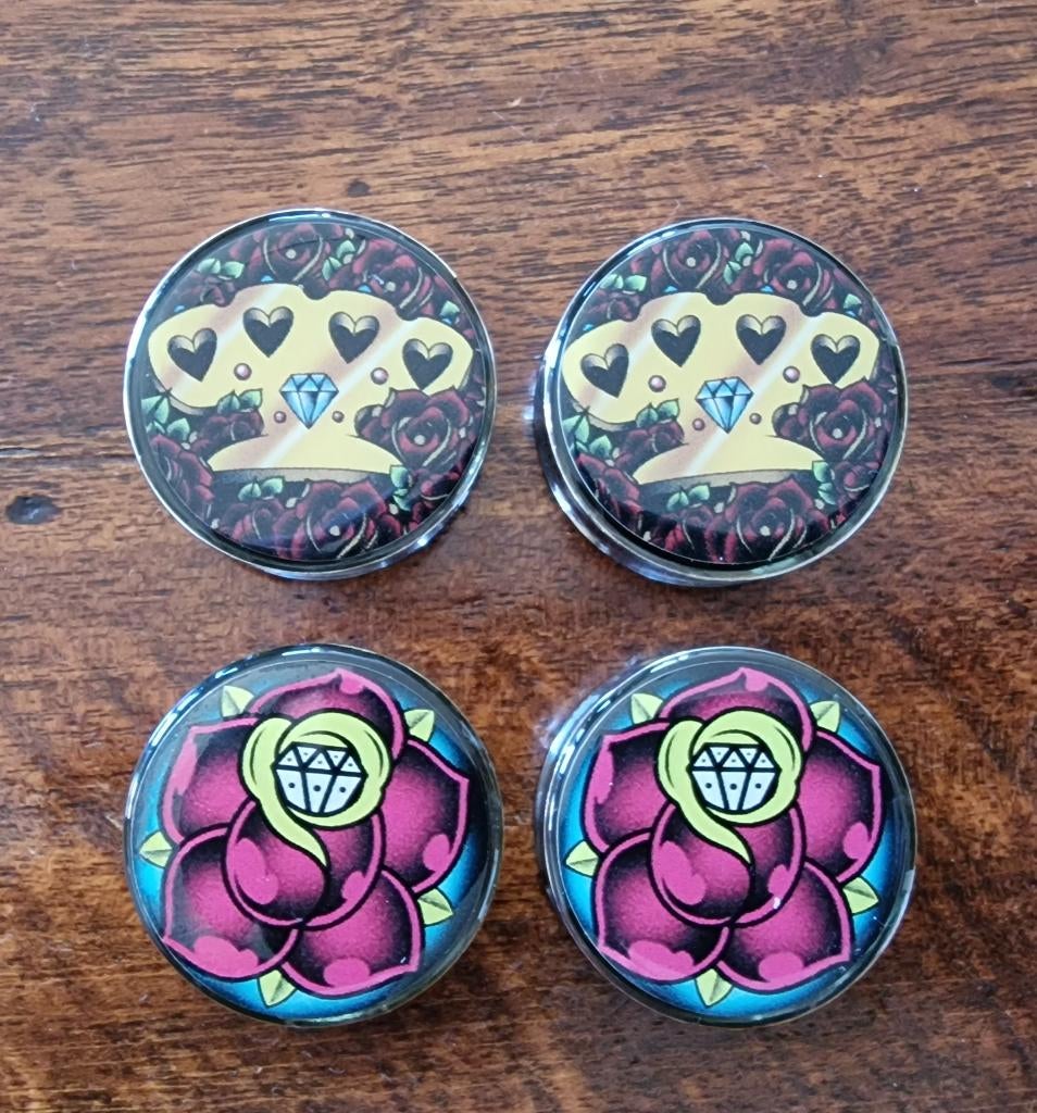 Twee sets Rock 'n Roll plugs voor opgerekte oorlellen 38mm, Sieraden, Tassen en Uiterlijk, Piercings, Zo goed als nieuw, Overige typen