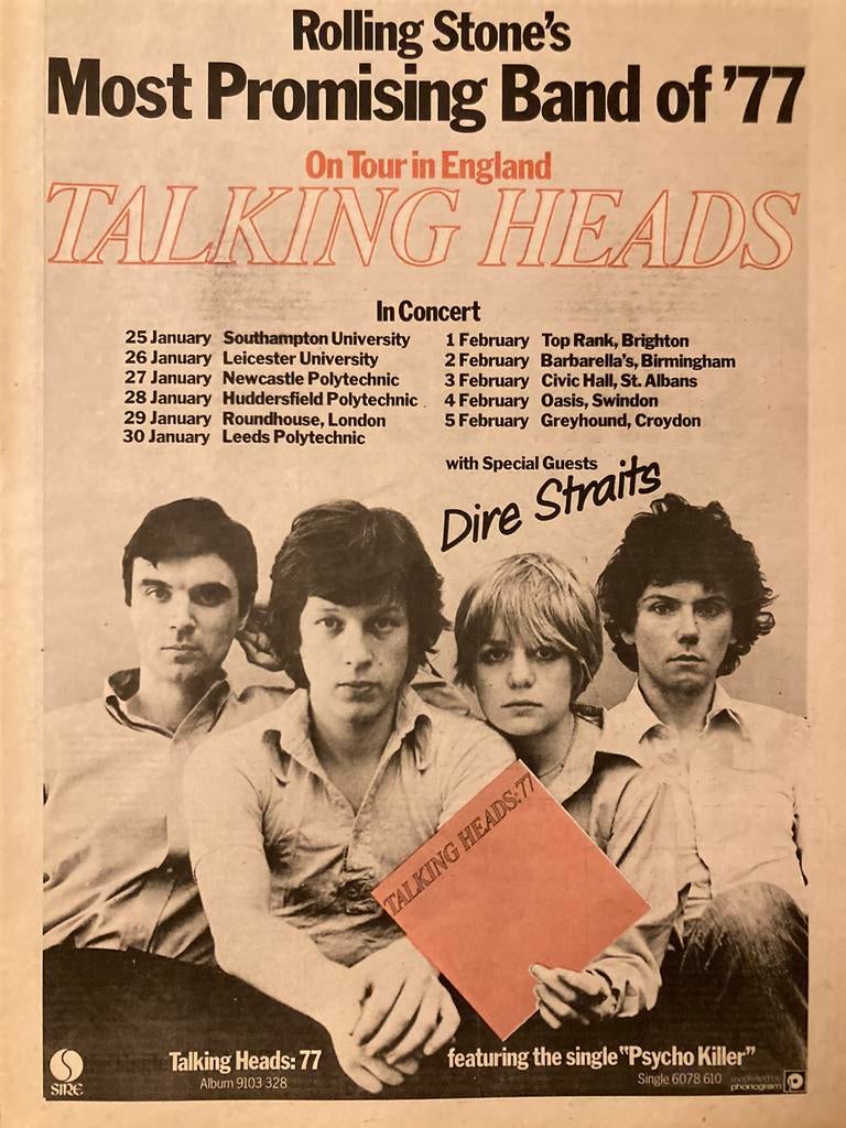 Paginagrote A3 advertentie TALKING HEADS Dire Straits tour, Ophalen of Verzenden