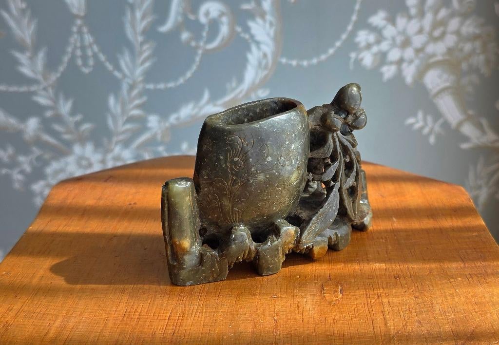 Antieke Handgesneden Speksteen Penseelvaas Aziatische Kunst, Antiek en Kunst, Ophalen of Verzenden