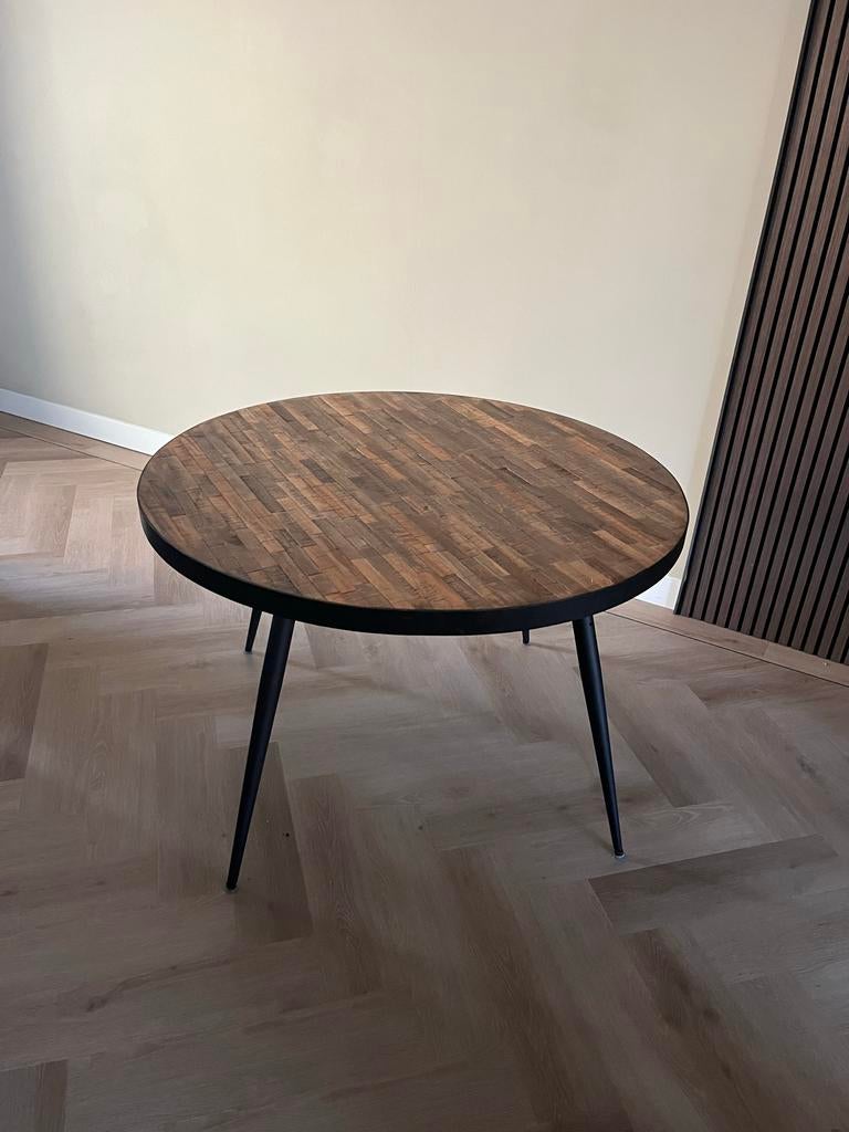 Ronde houten eettafel met ijzeren poten 120cm, Ophalen, Gebruikt, 100 tot 150 cm, Rond