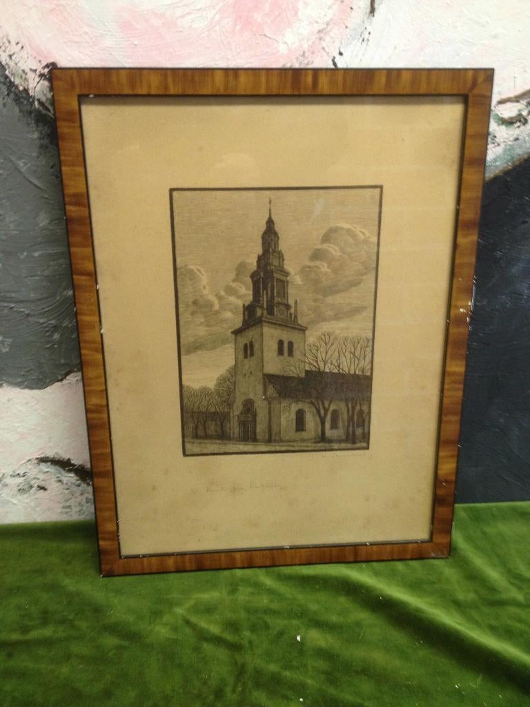 Antieke gravure van een kerk., Verzenden