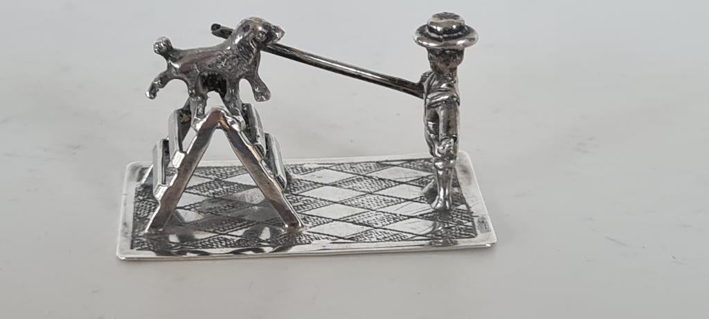 Zilveren Miniatuur van een Hondentemmer met Stok en Hond, Ophalen of Verzenden, Zilver