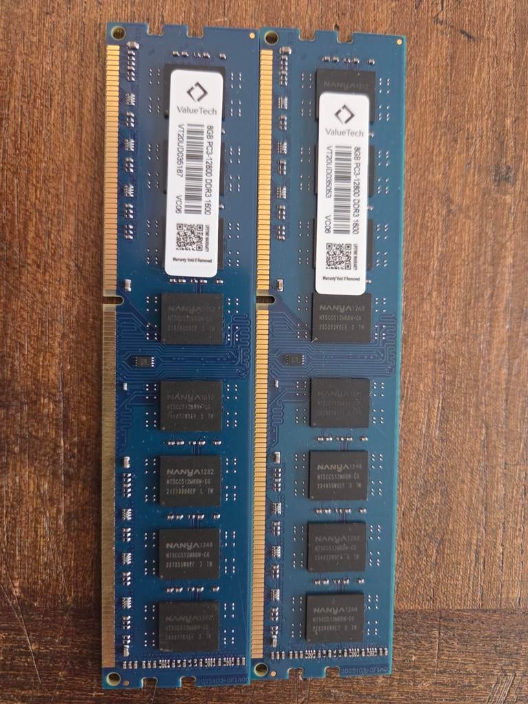 2x 8GB DDR3 1600MHz ValueTech RAM geheugen, Computers en Software, RAM geheugen, Gebruikt, 8 GB, DDR3, Ophalen of Verzenden